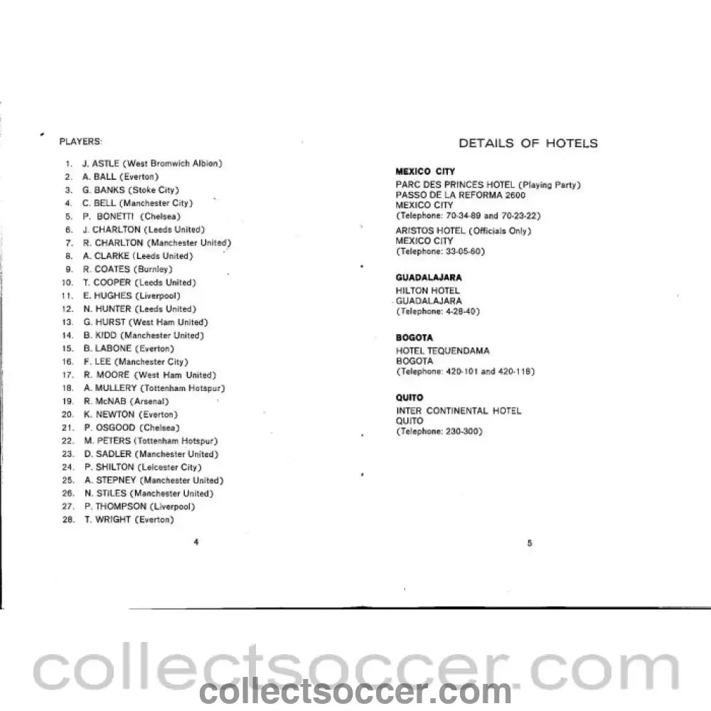 1970 World Cup England Official Players Itinerary - Collect Soccer