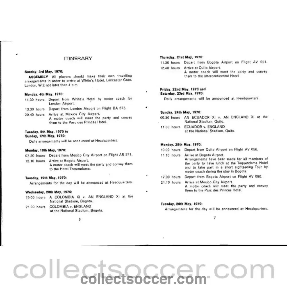 1970 World Cup England Official Players Itinerary - Collect Soccer