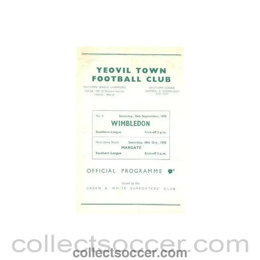 1970 - Yeovil Town v Wimbledon official programme 26/09/1970 - Collect Soccer