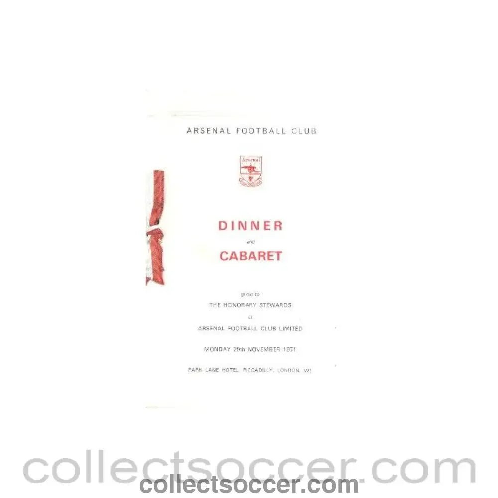 1971 - Arsenal - Dinner & Cabaret to The Honorary Stewards of Arsenal FC menu with ribbon 29/11/1971 - Collect Soccer