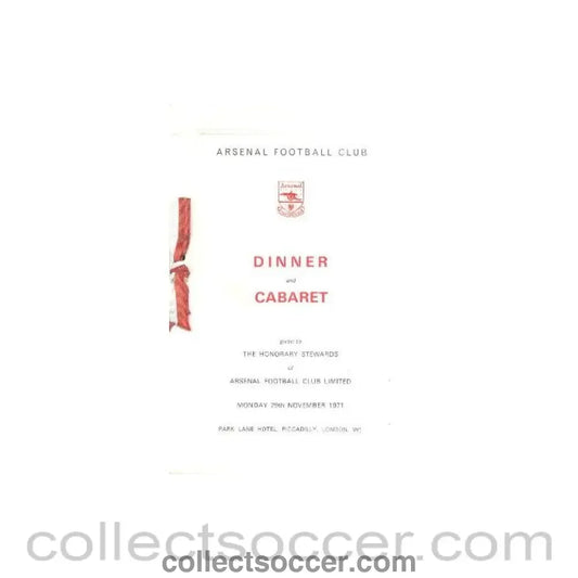 1971 - Arsenal - Dinner & Cabaret to The Honorary Stewards of Arsenal FC menu with ribbon 29/11/1971