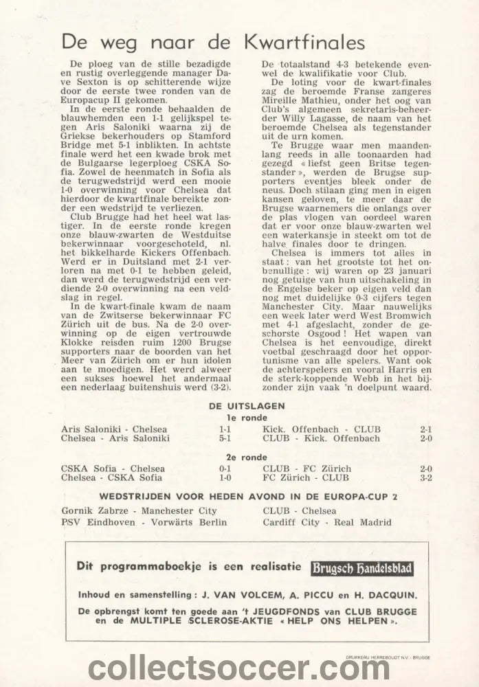 1971 - Bruges V Chelsea official programme 10/03/1971 Cup Winners Cup Quarter-Final 1st Leg - Collect Soccer