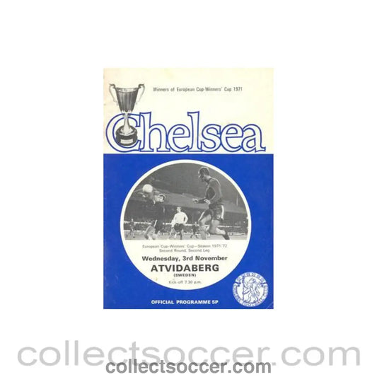 1971 - Chelsea v Atvidaberg Sweden official programme 03/11/1971 Cup Winners Cup token missing and hence half price