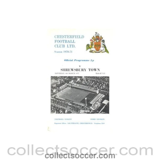1971 - Chesterfield v Shrewsbury Town official programme 06/03/1971 Football League - Collect Soccer