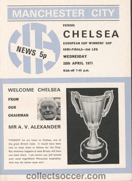 1971 Cup Winners Cup Semi Final - 2nd Leg Manchester City v Chelsea official programme 28/04/1971