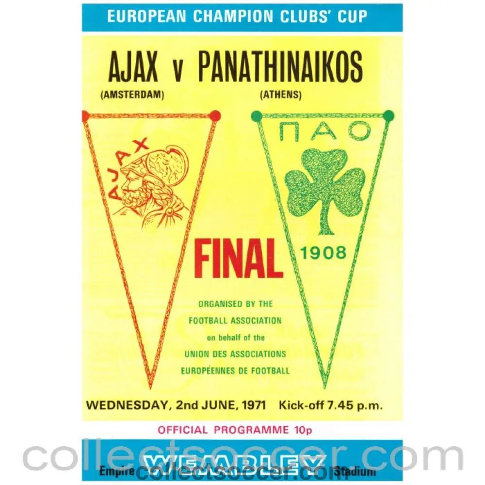1971 European Cup Final Official Programme Ajax v Panathinaikos - Collect Soccer