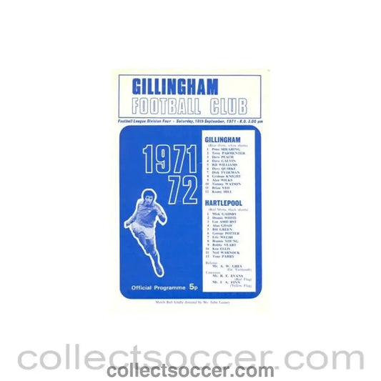 1971 - Gillingham v Hartlepool official programme 18/09/1971 Football League - Collect Soccer