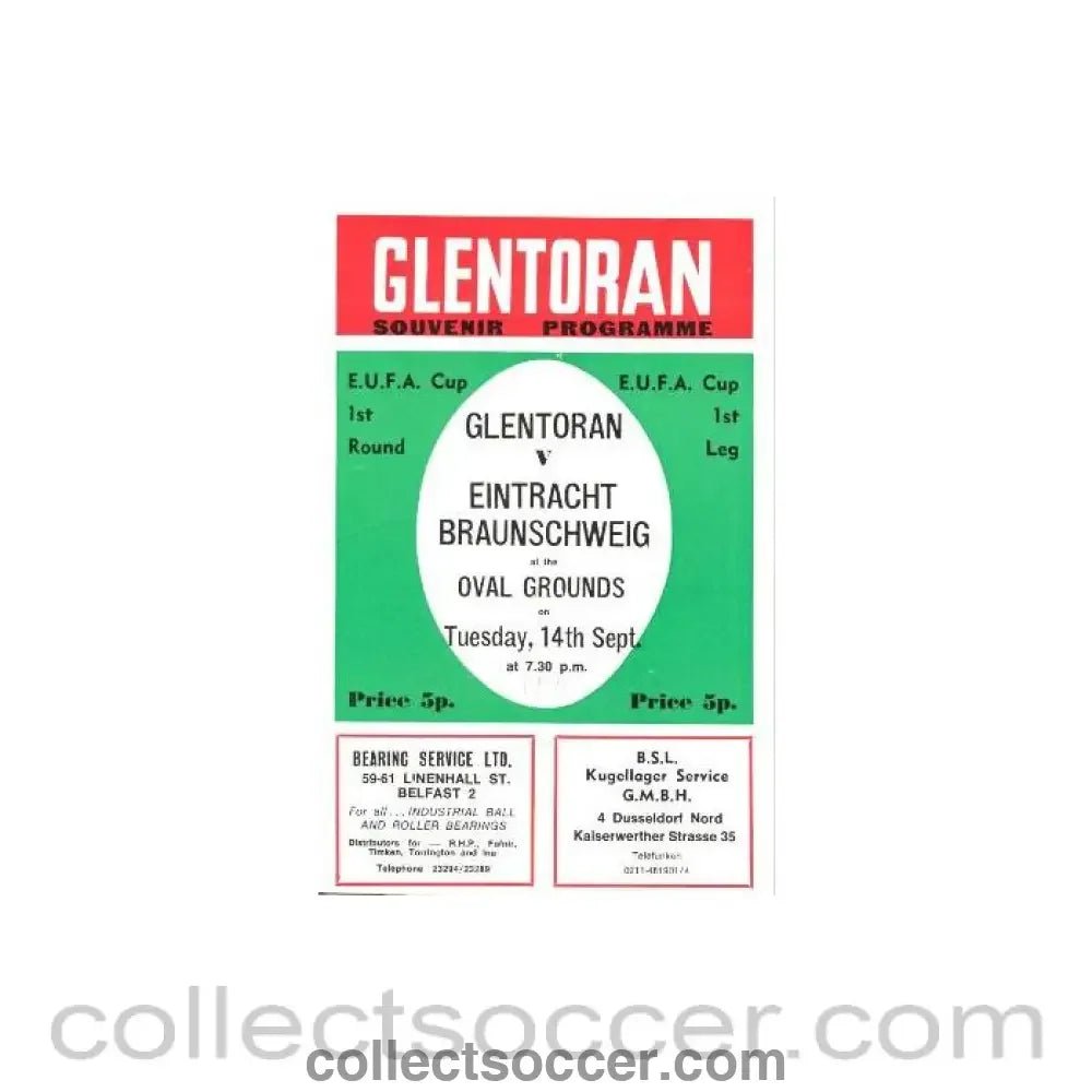 1971 - Glentoran v Eintracht Braunschweig official programme 14/09/1971 - Collect Soccer
