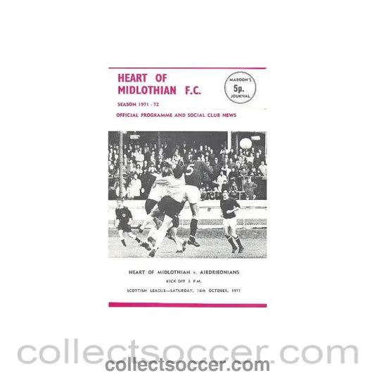 1971 - Heart of Midlothian v Airdrieonians official programme 16/10/1971 - Collect Soccer