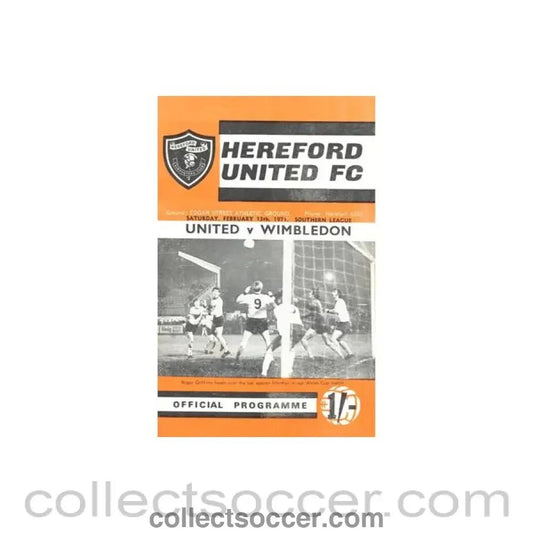 1971 - Hereford United v Wimbledon official programme 13/02/1971 Southern League - Collect Soccer