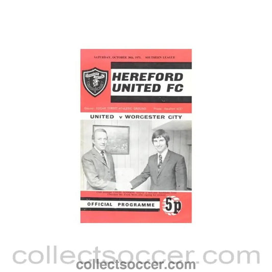 1971 - Hereford United v Worchester official programme 30/10/1971 Southern League - Collect Soccer