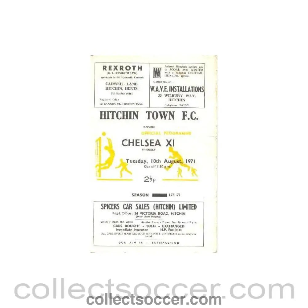 1971 - Hitchin Town vChelsea official programme 10/08/1971
