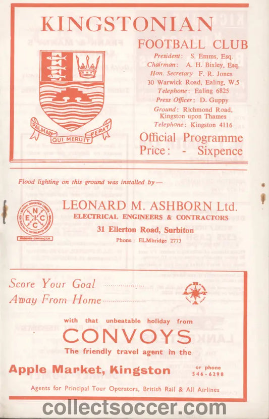 1971 Kingstonian v Chelsea Friendly Game official programme 30/03/1971