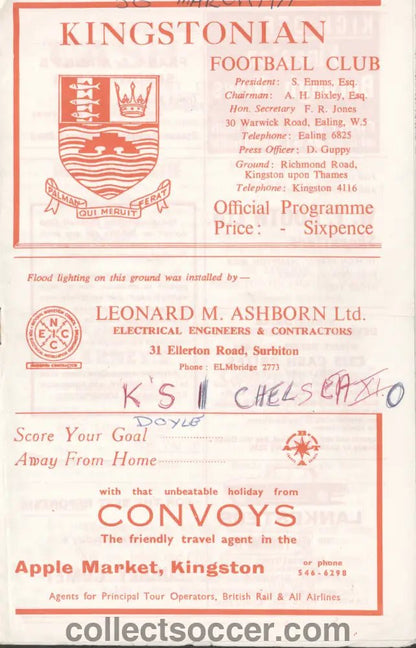 1971 Kingstonian v Chelsea XI Friendly official programme writing to front cover Price Reduced 30/03/1971 - Collect Soccer