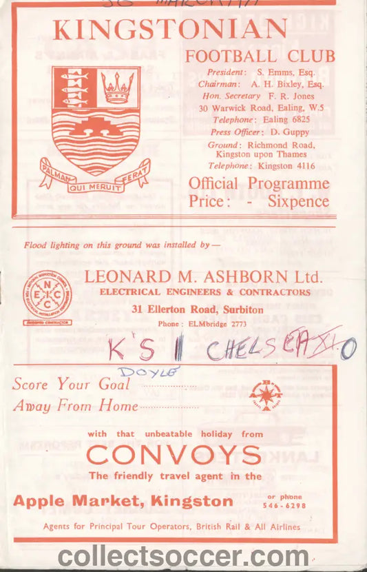1971 Kingstonian v Chelsea XI Friendly official programme writing to front cover Price Reduced 30/03/1971