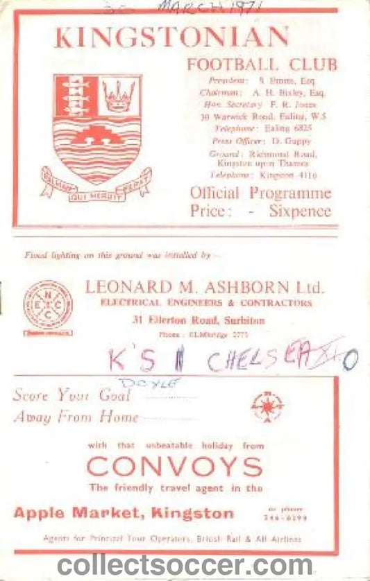 1971 - Kingstonian vChelsea official programme 30/03/1971