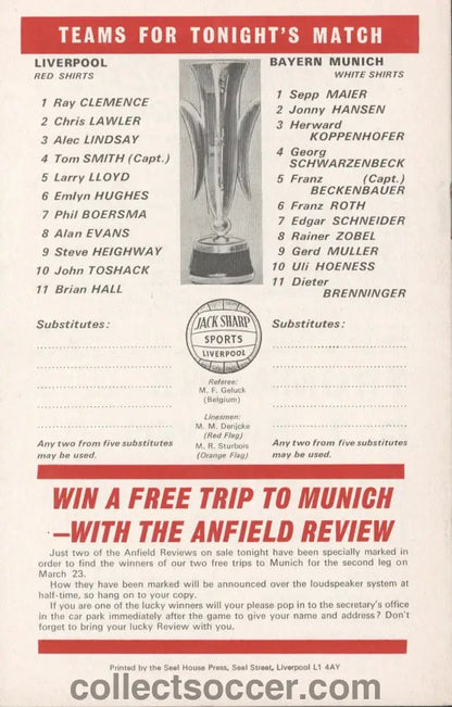 1971 - Liverpool v Bayern Munich European Fairs Cup Quarter Final First Leg official programme 10/03/1971 - Collect Soccer
