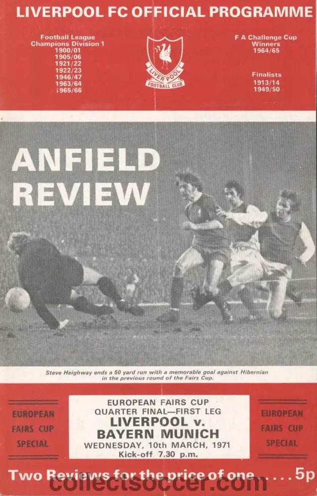 1971 - Liverpool v Bayern Munich European Fairs Cup Quarter Final First Leg official programme 10/03/1971 - Collect Soccer