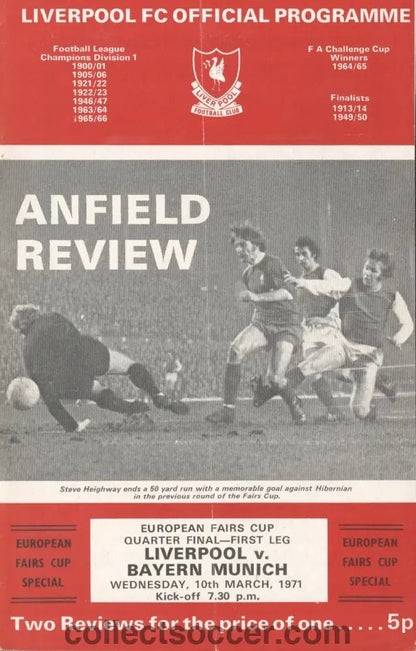 1971 - Liverpool v Bayern Munich European Fairs Cup Quarter Final First Leg official programme 10/03/1971 - Collect Soccer