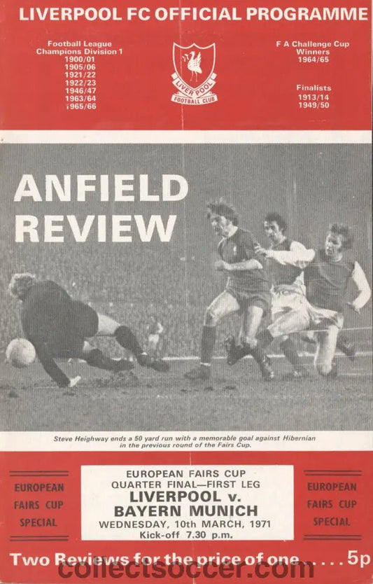 1971 - Liverpool v Bayern Munich European Fairs Cup Quarter Final First Leg official programme 10/03/1971 - Collect Soccer