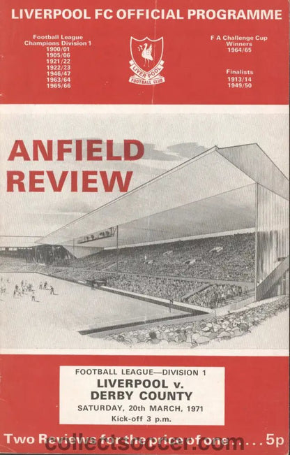 1971 - Liverpool v Derby County official programme 20/03/1971 - Collect Soccer
