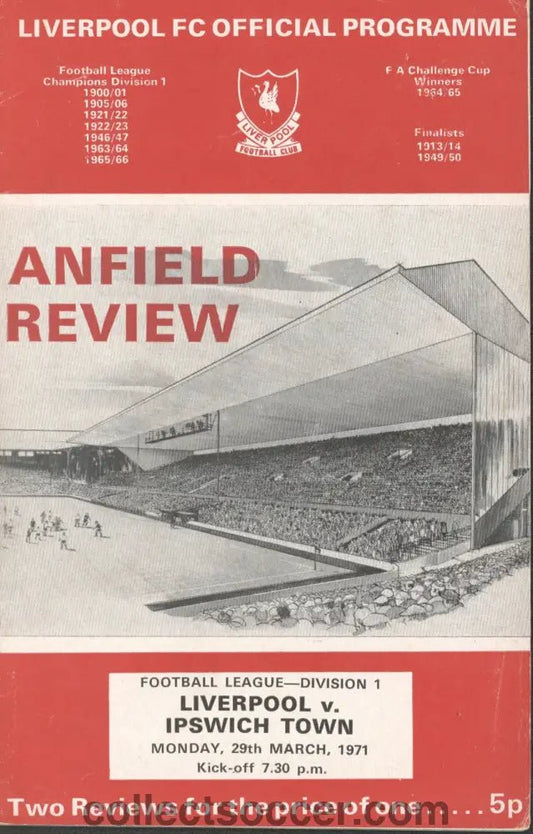 1971 - Liverpool v Ipswich Town official programme 29/03/1971 - Collect Soccer