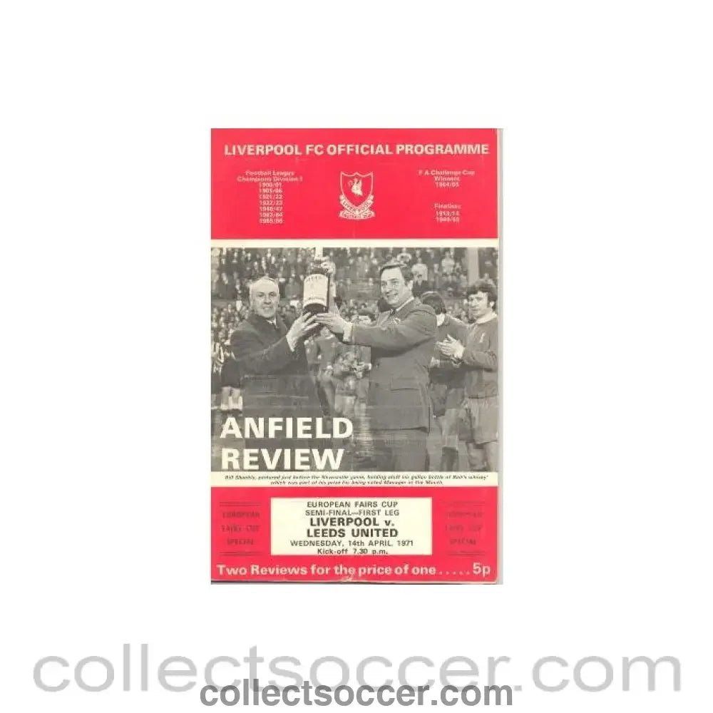 1971 - Liverpool v Leeds European Fairs Cup Semi - Final First Leg official programme 14/04/1971 - Collect Soccer