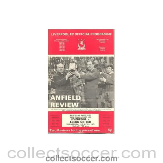 1971 - Liverpool v Leeds European Fairs Cup Semi - Final First Leg official programme 14/04/1971 - Collect Soccer