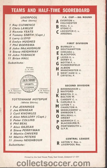 1971 - Liverpool v Tottenham Hotspur official programme 06/03/1971 - Collect Soccer