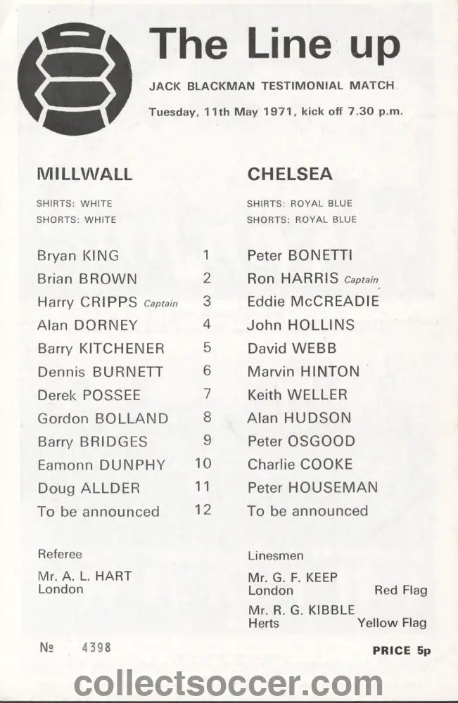 1971 Millwall v Chelsea Jack Blackman Testimonial official programme 11/05/1971 - Collect Soccer