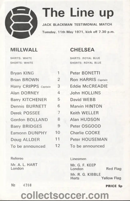 1971 Millwall v Chelsea Jack Blackman Testimonial official programme 11/05/1971 - Collect Soccer