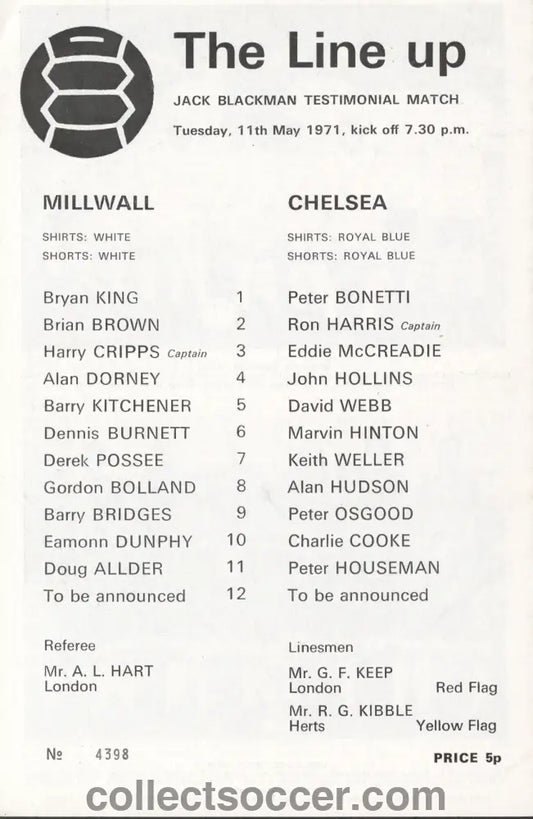 1971 Millwall v Chelsea Jack Blackman Testimonial official programme 11/05/1971