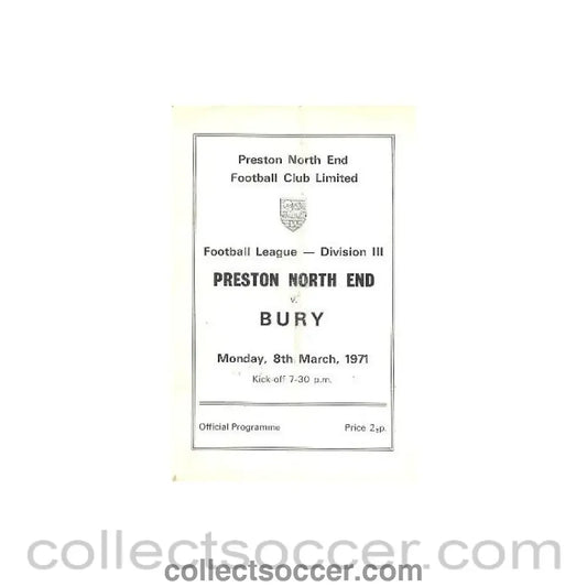 1971 - Preston North End v Bury official programme 08/03/1971 Football League - Collect Soccer