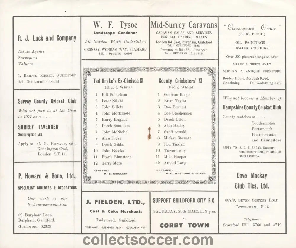 1971 Ted Drakes Chelsea XI v County Cricketers XI Rare Programme - Collect Soccer