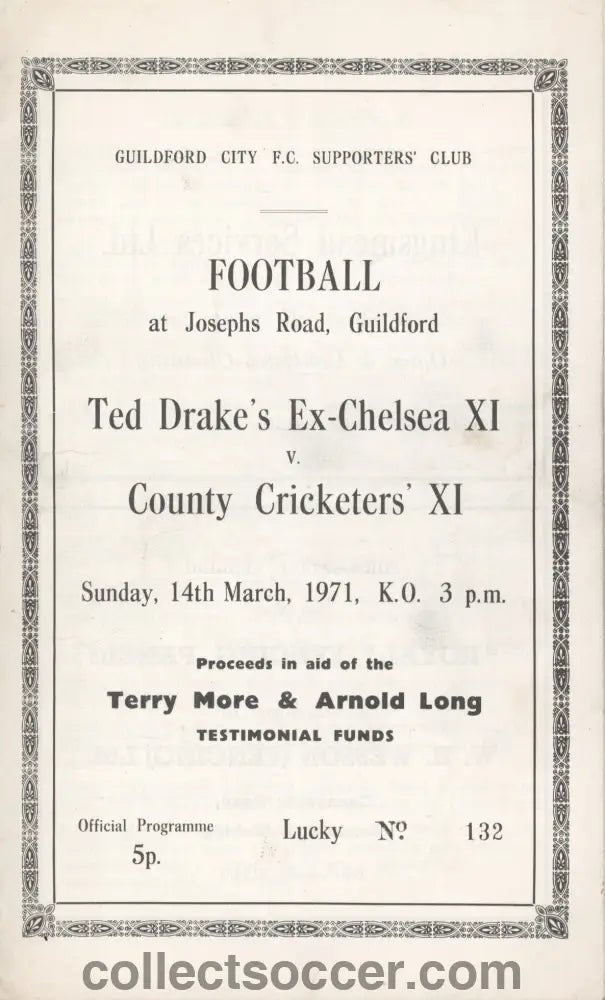 1971 Ted Drakes Chelsea XI v County Cricketers XI Rare Programme - Collect Soccer