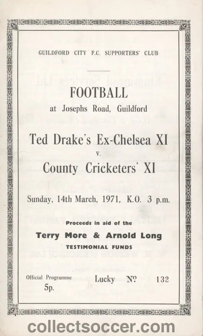 1971 Ted Drakes Chelsea XI v County Cricketers XI Rare Programme - Collect Soccer