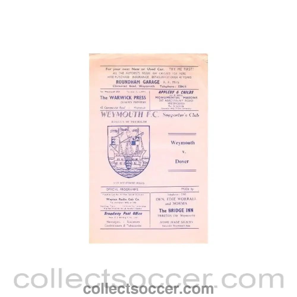 1971 - Weymouth v Dover official programme 25/09/1971 - Collect Soccer