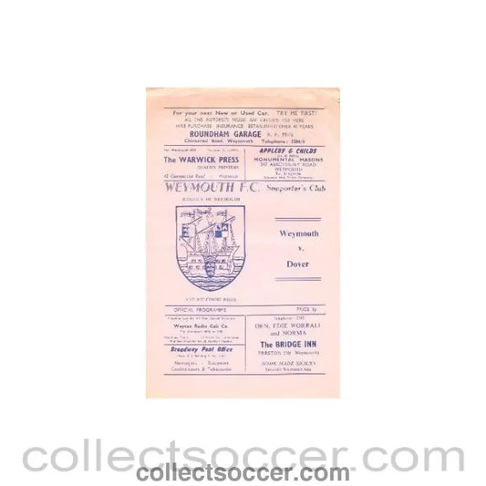 1971 - Weymouth v Dover official programme 25/09/1971 - Collect Soccer