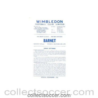 1971 - Wimbledon v Barnet official programme 16/02/1971 - Collect Soccer
