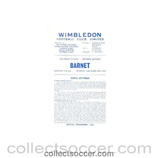 1971 - Wimbledon v Barnet official programme 16/02/1971 - Collect Soccer