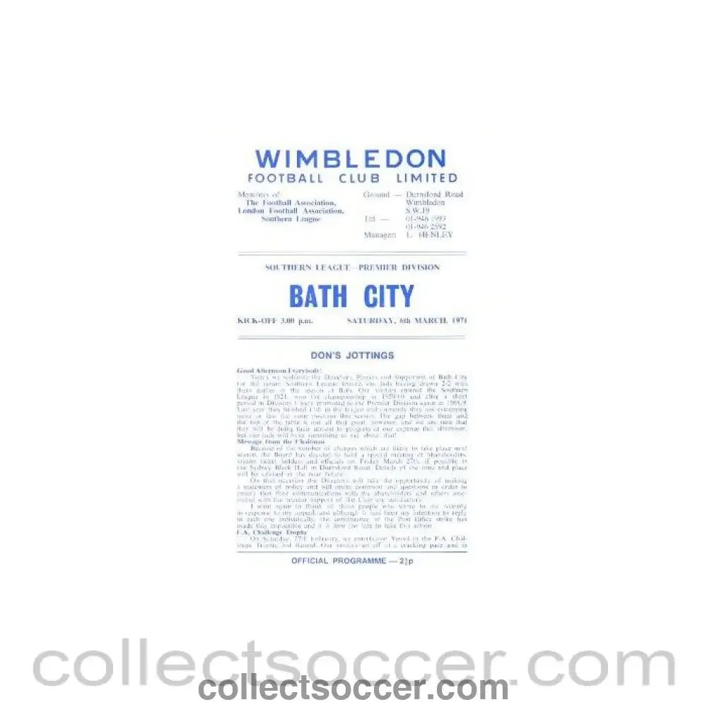 1971 - Wimbledon v Bath City official programme 06/03/1971 - Collect Soccer