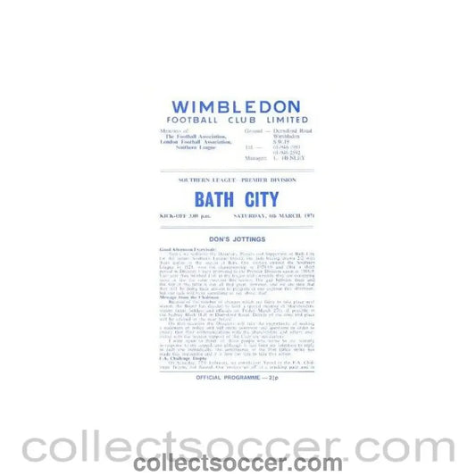 1971 - Wimbledon v Bath City official programme 06/03/1971 - Collect Soccer