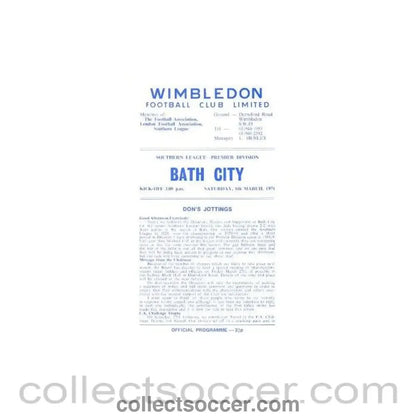 1971 - Wimbledon v Bath City official programme 06/03/1971 - Collect Soccer