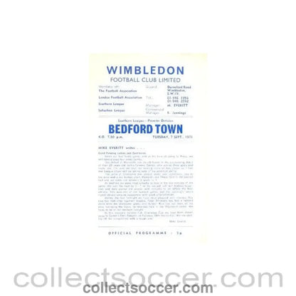 1971 - Wimbledon v Bedford Town official programme 07/09/1971 - Collect Soccer