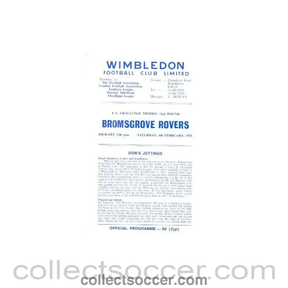 1971 - Wimbledon v Bromsgrove Rovers official programme 06/02/1971 - Collect Soccer