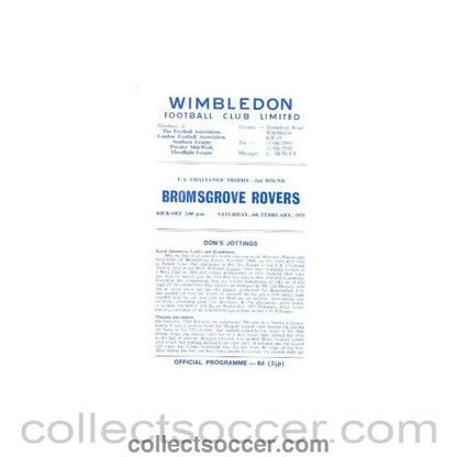 1971 - Wimbledon v Bromsgrove Rovers official programme 06/02/1971 - Collect Soccer