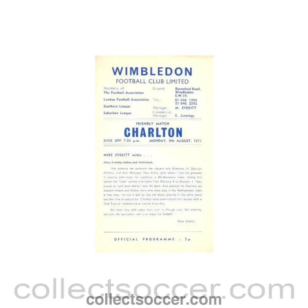 1971 - Wimbledon v Charlton official programme 09/08/1971 - Collect Soccer