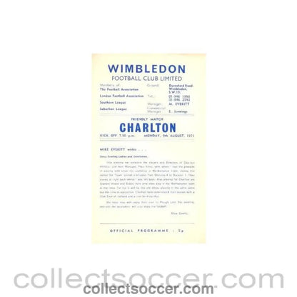 1971 - Wimbledon v Charlton official programme 09/08/1971 - Collect Soccer