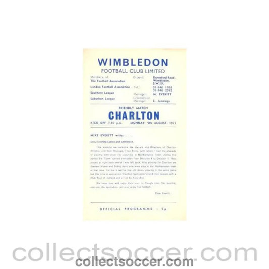 1971 - Wimbledon v Charlton official programme 09/08/1971 - Collect Soccer