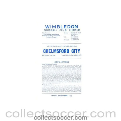 1971 - Wimbledon v Chelmsford City official programme 03/04/1971 - Collect Soccer